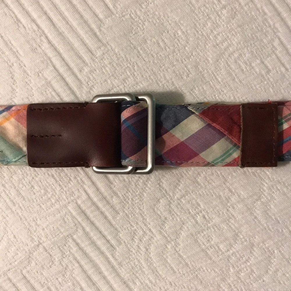Brooks Brothers Preppy Plaid Fabric Belt with Brown Leather Accents Adjustable